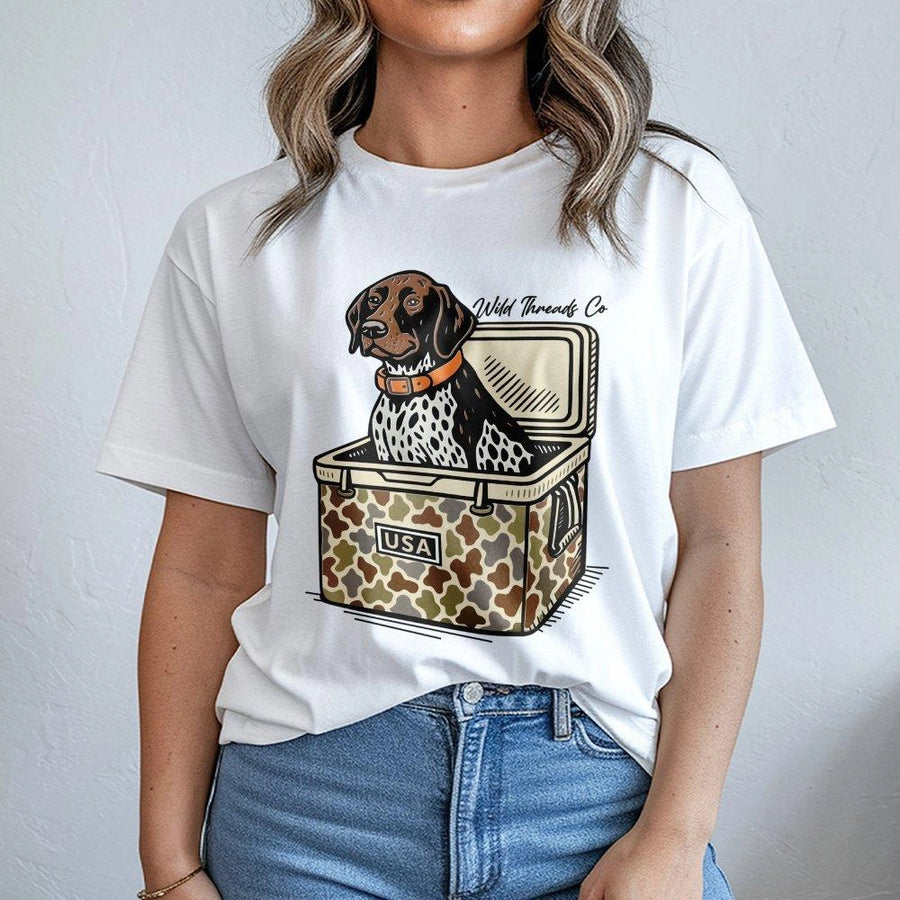 Hunting Dog Cooler T-Shirt | Camo Print Pointer Graphic | Premium Cotton Unisex Tee | Gift for Outdoorsman and Country Boy