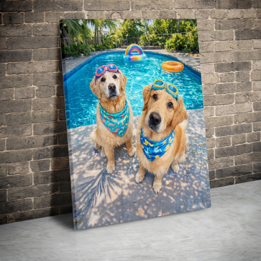 Funny Golden Retriever Canvas Wall Art | Summer Pool Party Dogs Photo | Premium Gallery Wrapped Canvas | Unique Gift for Dog Lovers