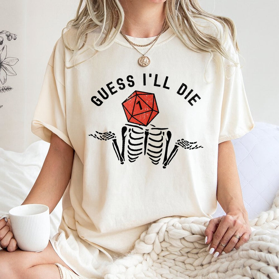Guess I'll Die D20 T-Shirt | Funny Skeleton Shrugging RPG Graphic | 100% Cotton Premium Apparel | Perfect Gift for Tabletop Gamers & Nerds