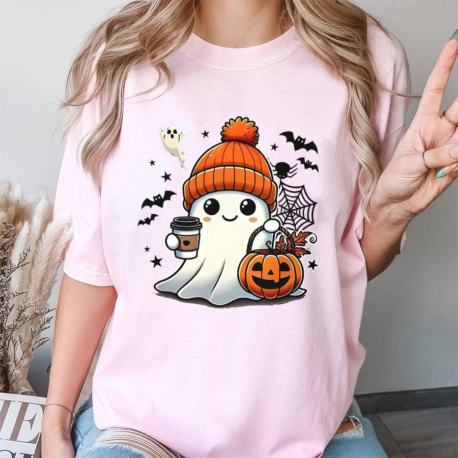Cute Ghost T-Shirt | Kawaii Halloween Coffee Graphic | Premium Soft Cotton Tee | Spooky Season Gift For Her And Him