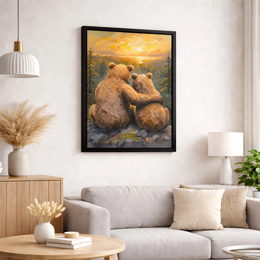 Two Bears Hugging Canvas Wall Art | Impressionist Sunset Forest Print | Premium Gallery-Wrapped Decor | Nature Wildlife Gift for Animal Lovers