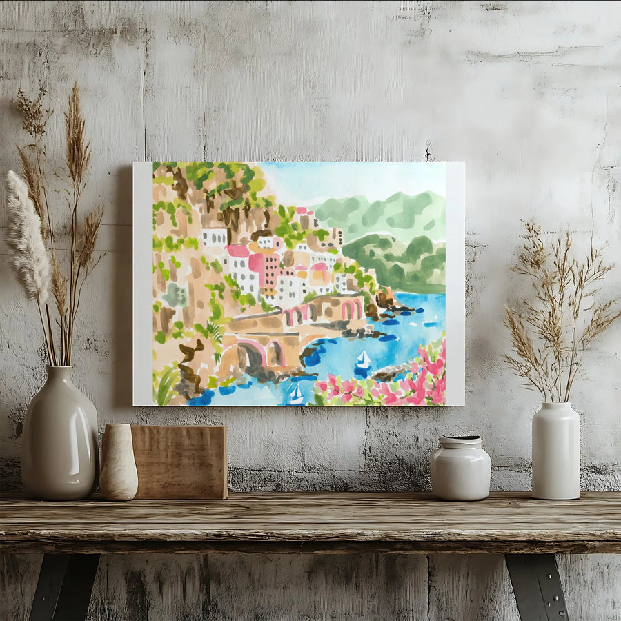 Sorrento Italy Canvas Print | Watercolor Coastal Village Art | Premium Gallery Wrapped Canvas | Gift for Traveler & Italian Home Decor
