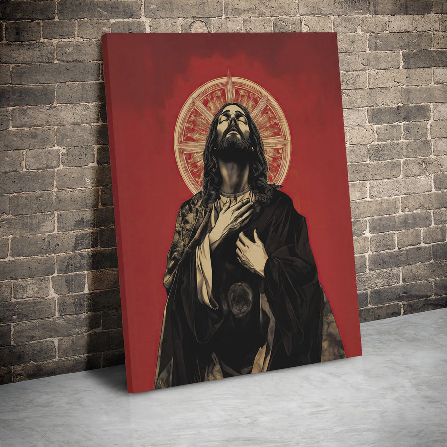 Jesus Christ Canvas Wall Art | Red Gold Stylized Religious Portrait | 1.25-Inch Gallery Wrap Decor | Christian Home Prayer Room Gift