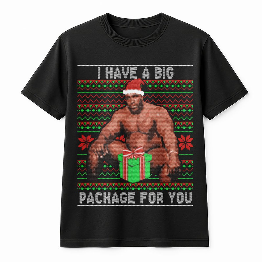 Funny Meme Ugly Christmas T-Shirt | Barry Big Package Holiday Graphic | 100% Cotton Premium Tee | Unique Gag Gift for Men and Women