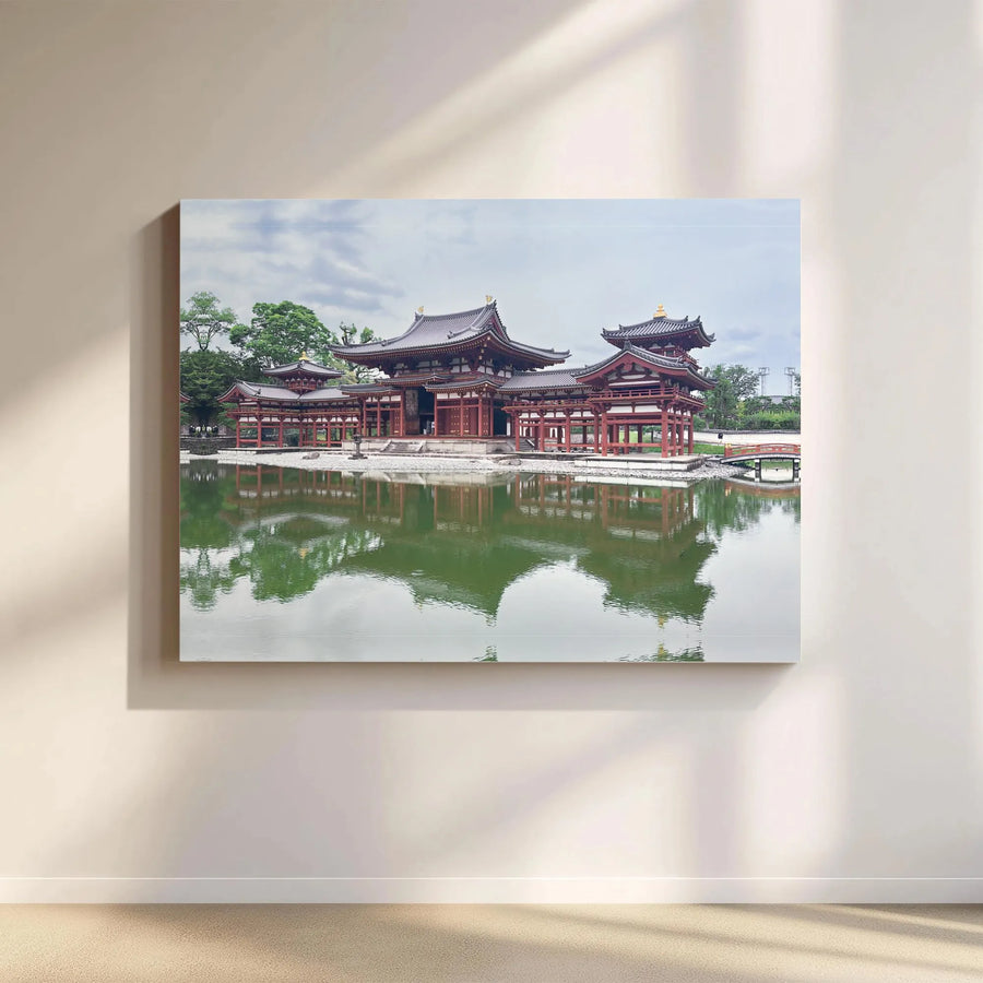 Japanese Byodo-In Temple Canvas Wall Art | Zen Buddhist Shrine Pond Reflection | Premium Gallery Wrap Print | Peaceful Asian Home Decor