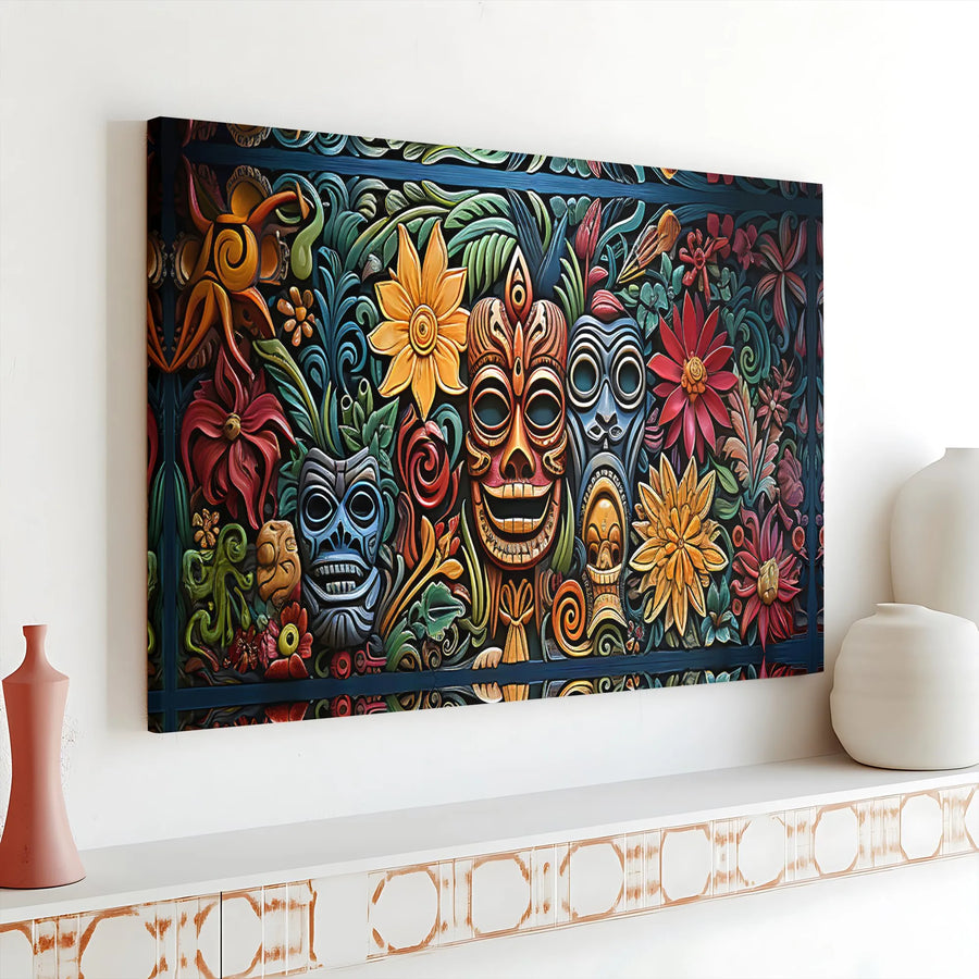 Tiki Mask Canvas Wall Art | Vibrant Polynesian Tropical Floral Print | 1.25 Inch Gallery Wrap | Island Style Home Decor Gift