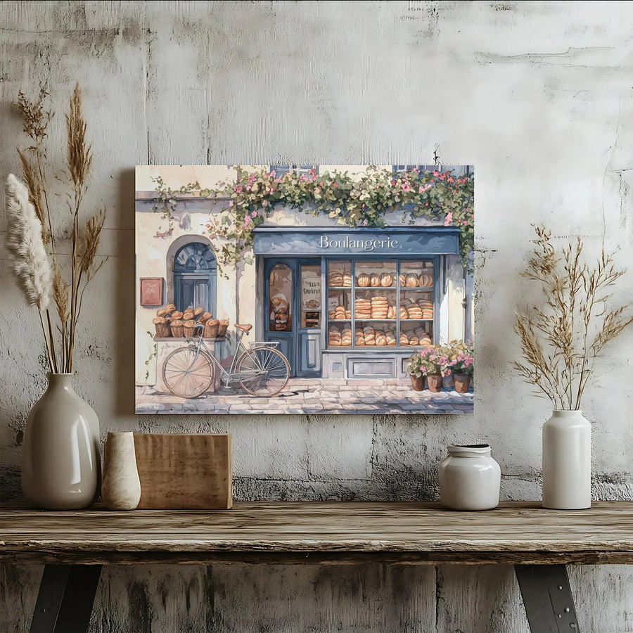 French Bakery Canvas Print | Charming Boulangerie Watercolor Street Scene | Premium 1.25" Gallery Wrap | European Kitchen Wall Decor Gift