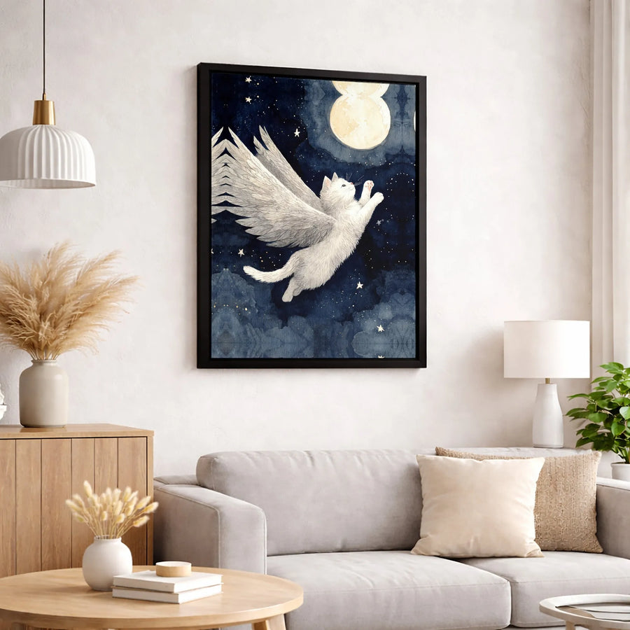 Celestial Cat Canvas Wall Art | Angelic White Kitty Flying in Starry Night Sky | Premium Fade-Resistant Gallery Wrap | Whimsical Home Decor Gift