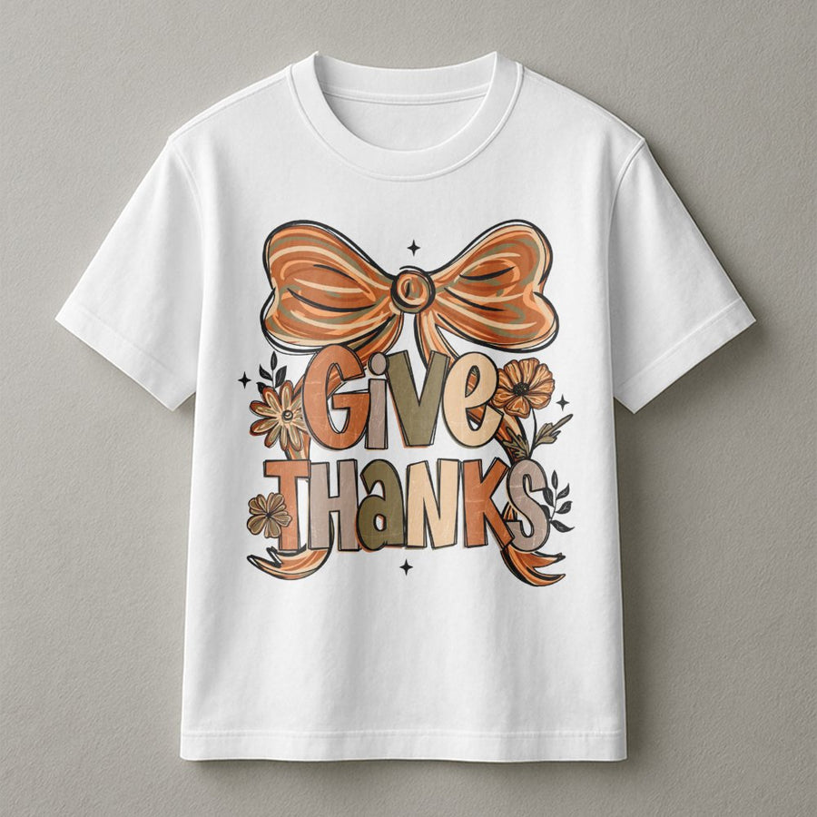 Give Thanks T-Shirt | Coquette Aesthetic Bow Floral Graphic | Premium Soft Cotton | Thanksgiving Outfit Gift For Women And Girls