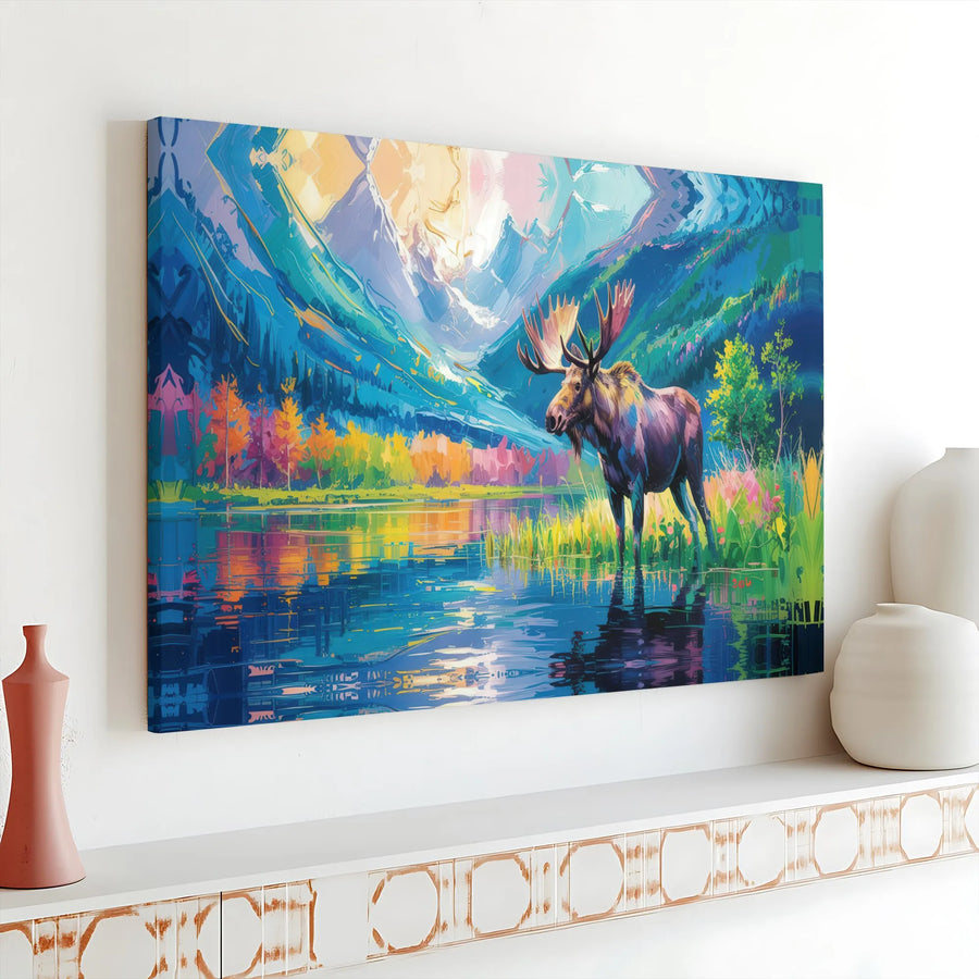Vibrant Moose Canvas Print | Colorful Abstract Mountain Scene | Premium Fade-Resistant Art | Living Room & Cabin Decor Gift