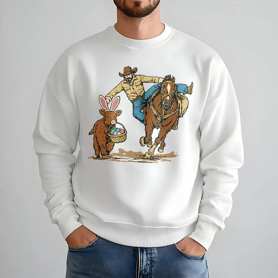 Easter Cowboy Sweatshirt | Western Highland Cow Bunny Design | Premium Cotton Blend Crewneck | Cute Spring Holiday Gift For Her