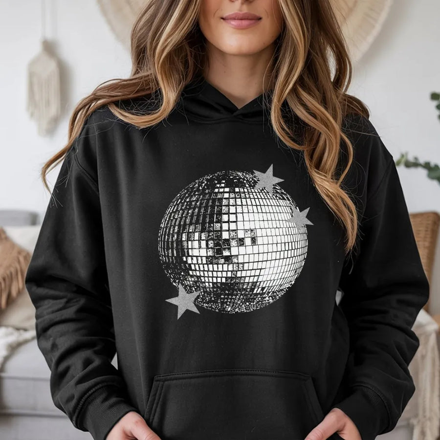 Disco Ball Hoodie | Retro Y2K Aesthetic Graphic Print | Cotton Blend Premium Pullover | Gift for Music Lovers and Dance Party Fans