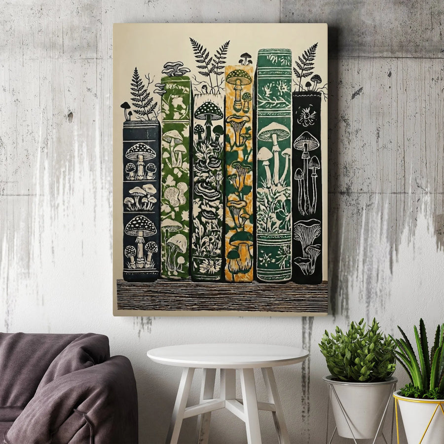 Mushroom Bookshelf Canvas | Vintage Botanical Fungi & Fern Art | Premium Gallery Wrapped Canvas | Cottagecore Decor Gift for Book Lover