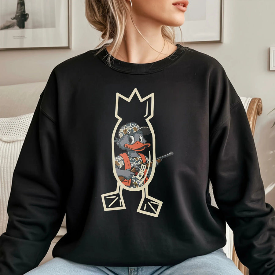 Duck Hunting Sweatshirt | Camo Hunter Cartoon Graphic | Premium Cotton Blend Crewneck | Outdoor Waterfowl Wildlife Gift For Men