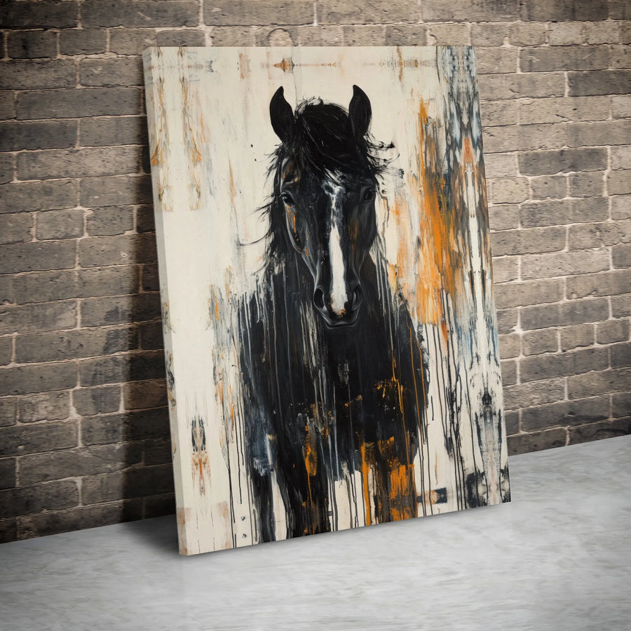 Abstract Black Horse Canvas Wall Art | Modern Drip Paint Equestrian Decor | Gallery-Wrapped Premium Print | Sophisticated Living Room Gift