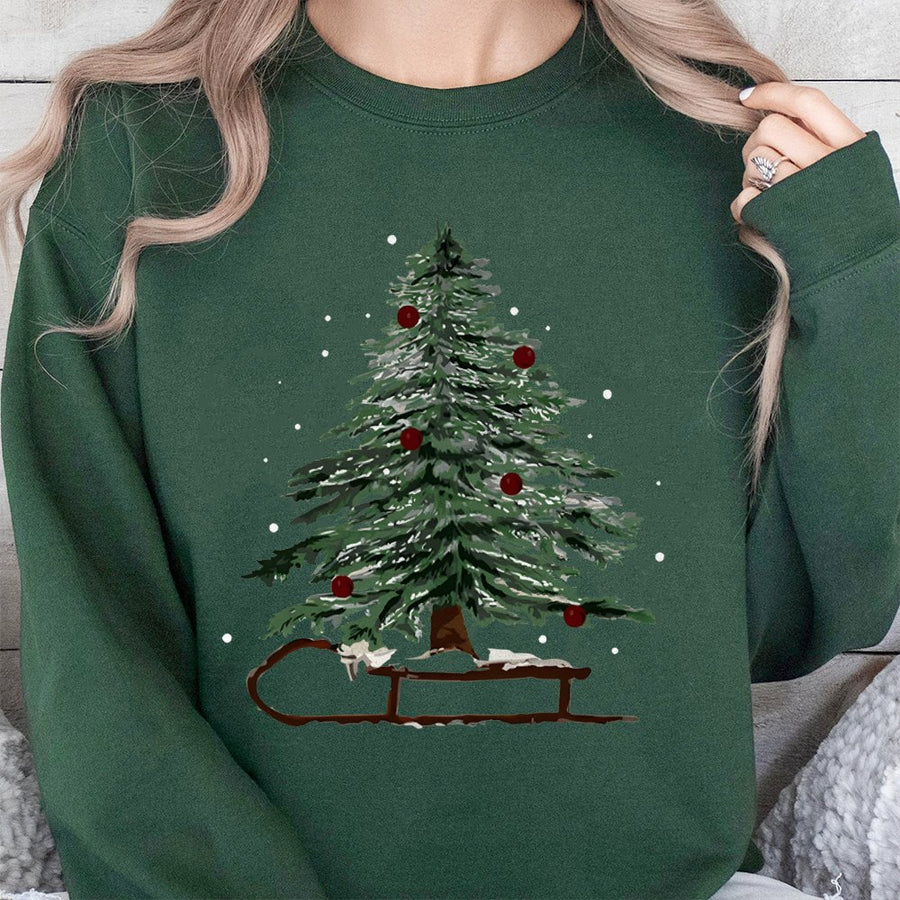 Christmas Tree Sweatshirt | Festive Winter Sleigh Graphic | Premium Cotton-Poly Blend | Cozy Holiday Gift for Women and Men