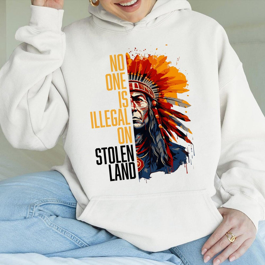 No One Is Illegal On Stolen Land Hoodie | Indigenous Rights Graphic Art | Premium Cotton-Blend Sweatshirt | Social Justice Activist Gift