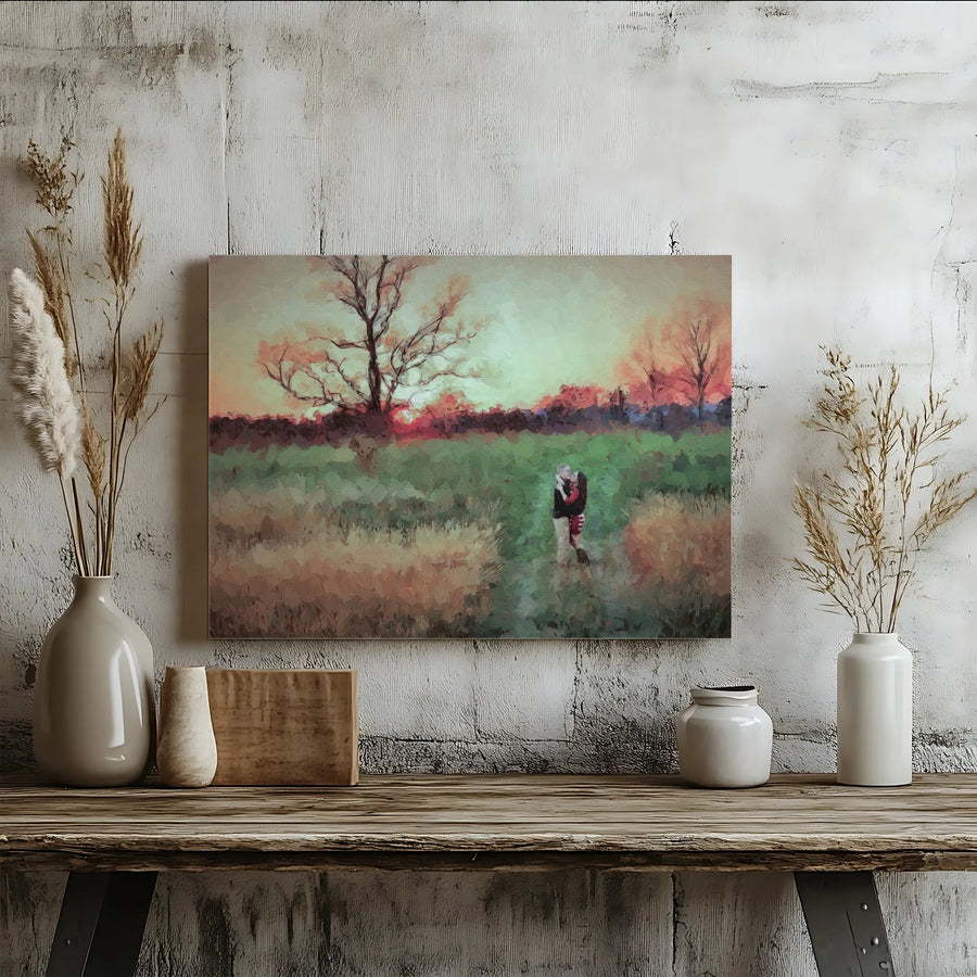 Romantic Couple Canvas Wall Art | Impressionist Sunset Field Painting | Premium Gallery Wrapped Decor | Anniversary Gift for Couples