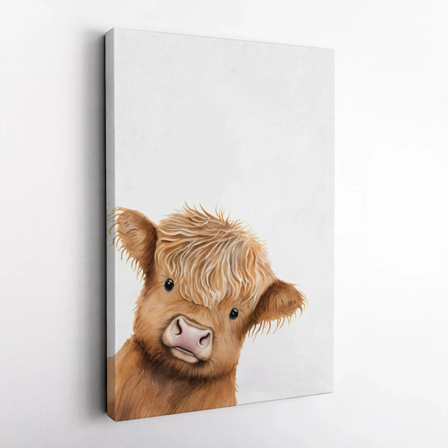 Highland Cow Canvas Wall Art | Peeking Baby Calf Watercolor Design | Premium Gallery Wrap Stretched Print | Farmhouse Nursery Home Decor
