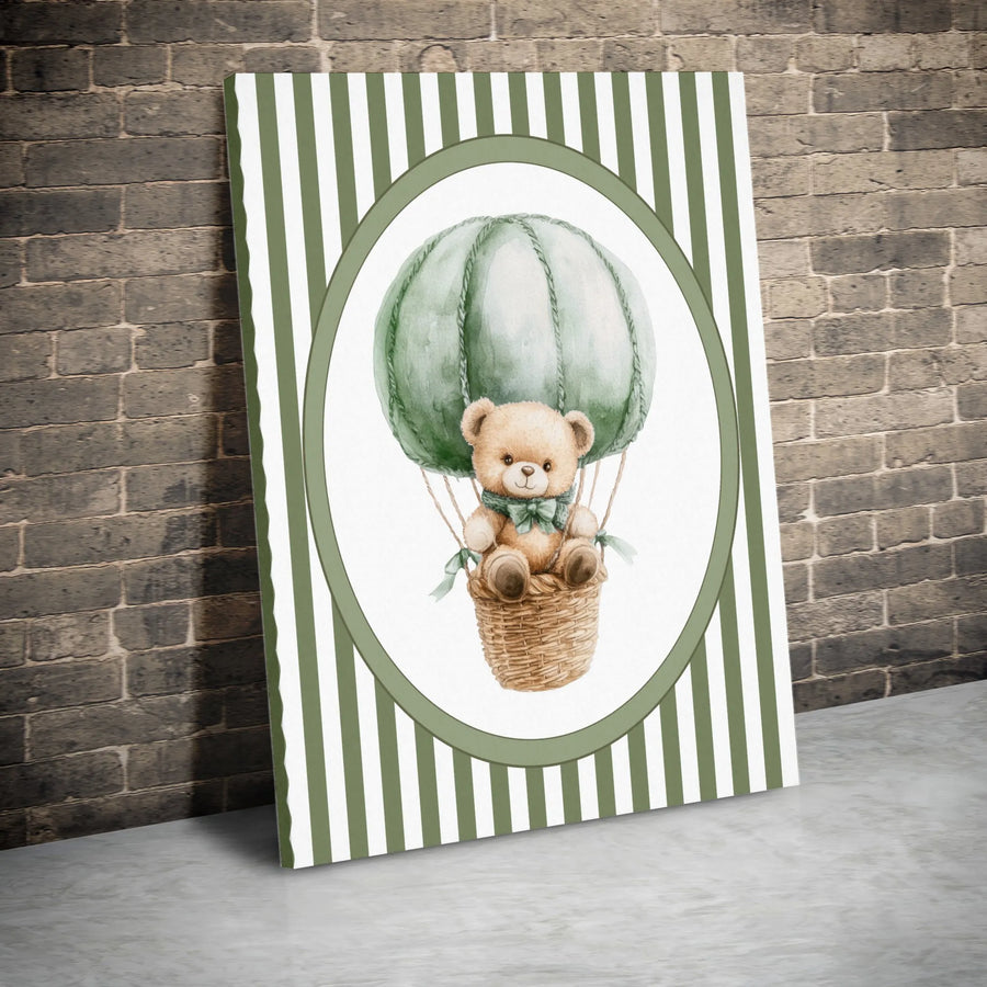 Teddy Bear Hot Air Balloon Canvas Wall Art | Watercolor Nursery Print with Green Stripes | Premium Gallery Wrapped Canvas | Kids Room Decor Baby Shower Gift