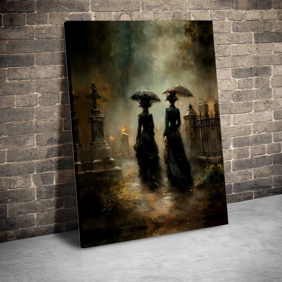 Gothic Cemetery Canvas Wall Art | Moody Victorian Ladies in Fog | Gallery Quality Framed Print | Dark Academia Home Decor Gift