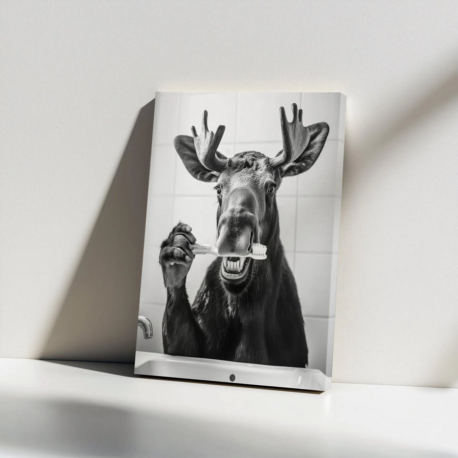 Moose Brushing Teeth Canvas Art | Funny Bathroom Wall Decor | Premium Stretched Gallery Wrap | Quirky Animal Portrait for Home Gift
