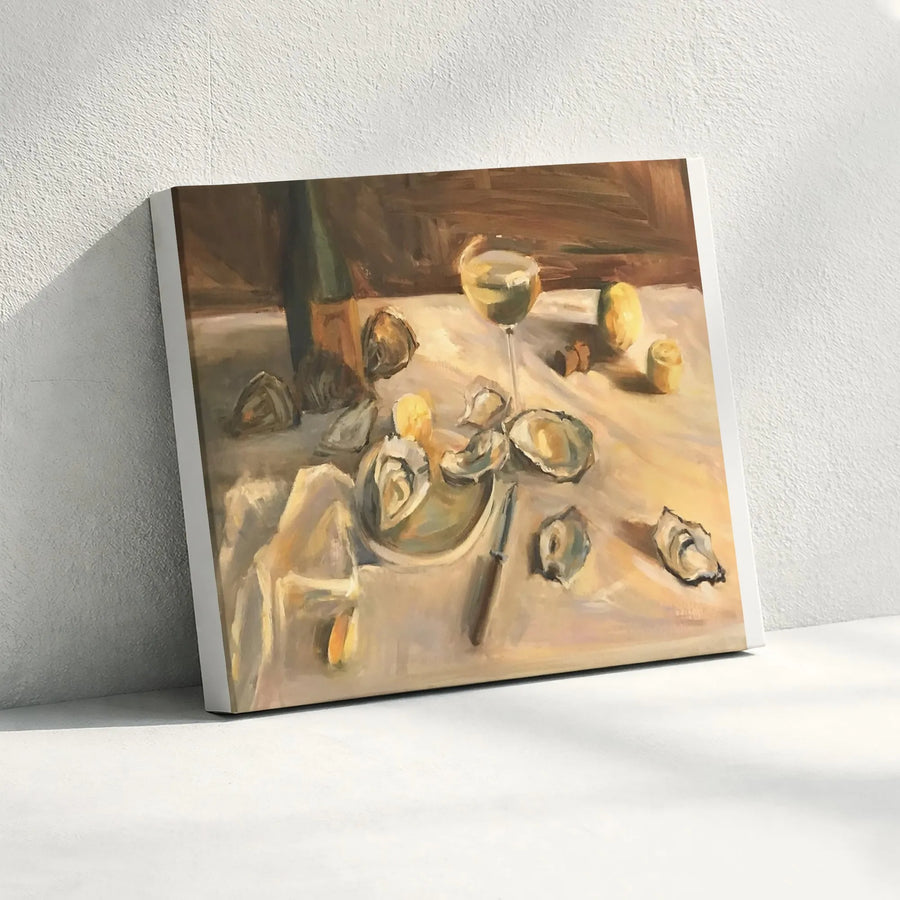 Oyster Still Life Canvas Art | Vintage Wine and Seafood Painting Print | Premium Gallery Wrap Canvas | Kitchen & Dining Room Decor Gift