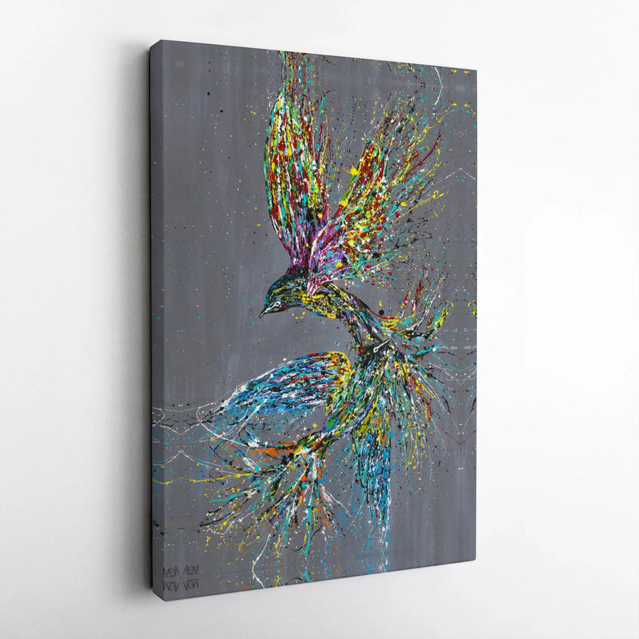 Abstract Bird Canvas Wall Art | Colorful Splatter Paint Modern Painting | Gallery Quality Wrapped Canvas | Large Living Room Decor Gift