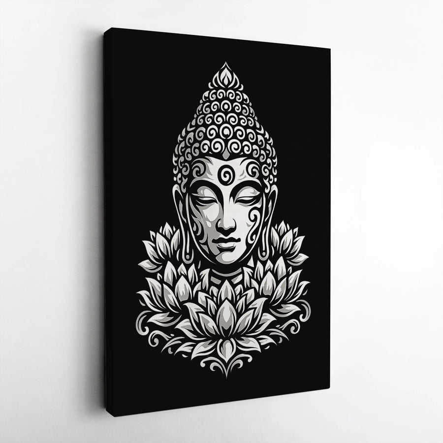 Buddha Canvas Wall Art | Black and White Lotus Illustration | Premium 1.25" Thick Gallery Wrapped Canvas | Spiritual Gift for Meditation Room