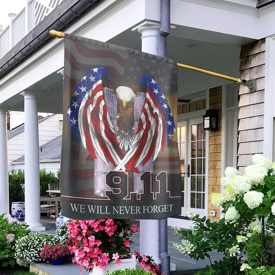 9/11 We Will Never Forget Flag | Patriotic American Eagle Twin Towers Design | Weather-Resistant Polyester | Memorial Day Remembrance Home Decor
