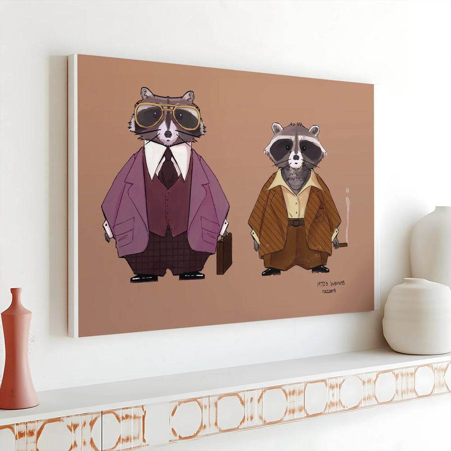 Retro Raccoon Canvas Wall Art | Funny 1970s Gangster Animal Illustration | Premium Thick Canvas Print | Unique Gift for Home Office or Man Cave Decor