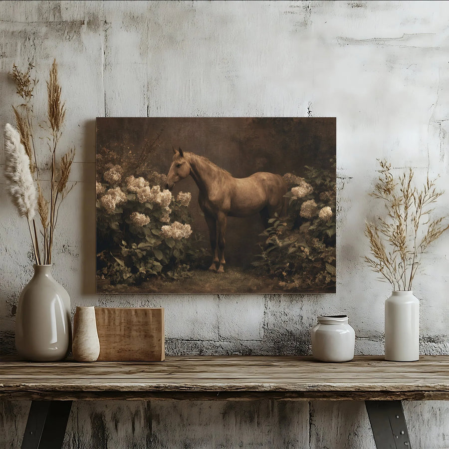 Horse In Hydrangea Garden Canvas | Moody Vintage Equestrian Oil Painting Style | 1.25-Inch Gallery Wrap | Premium Farmhouse Wall Art