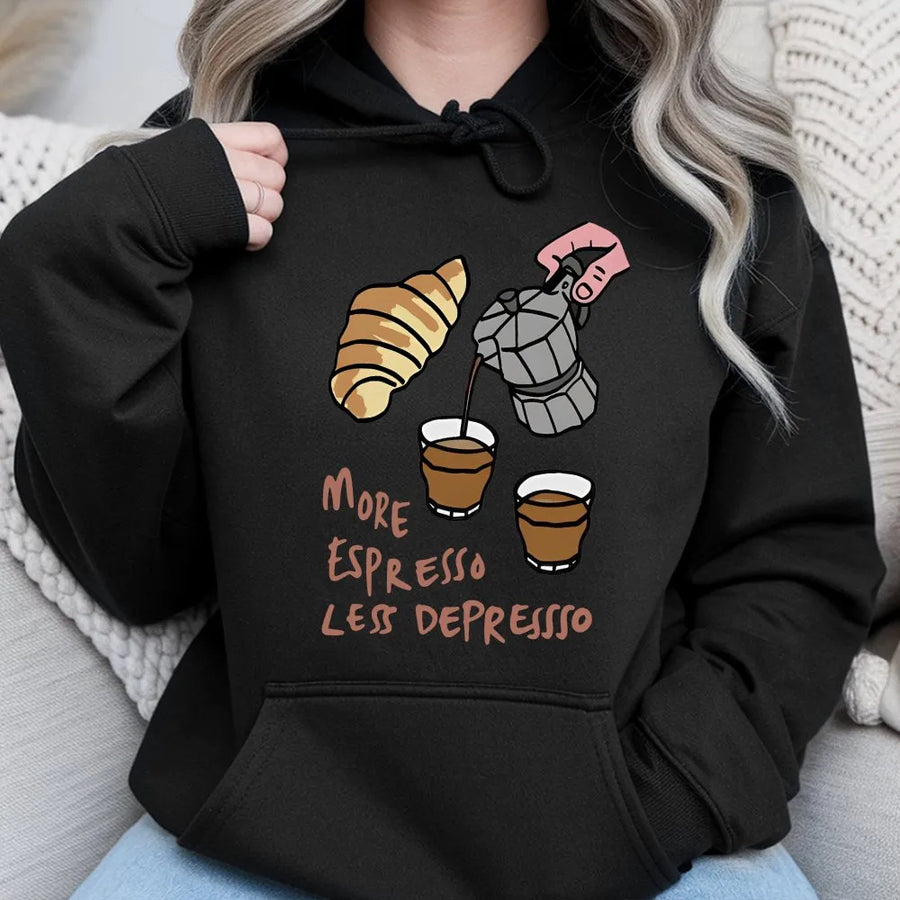 Espresso Hoodie | More Espresso Less Depresso Funny Quote | Premium Cotton Blend | Gift for Coffee Lover & Barista
