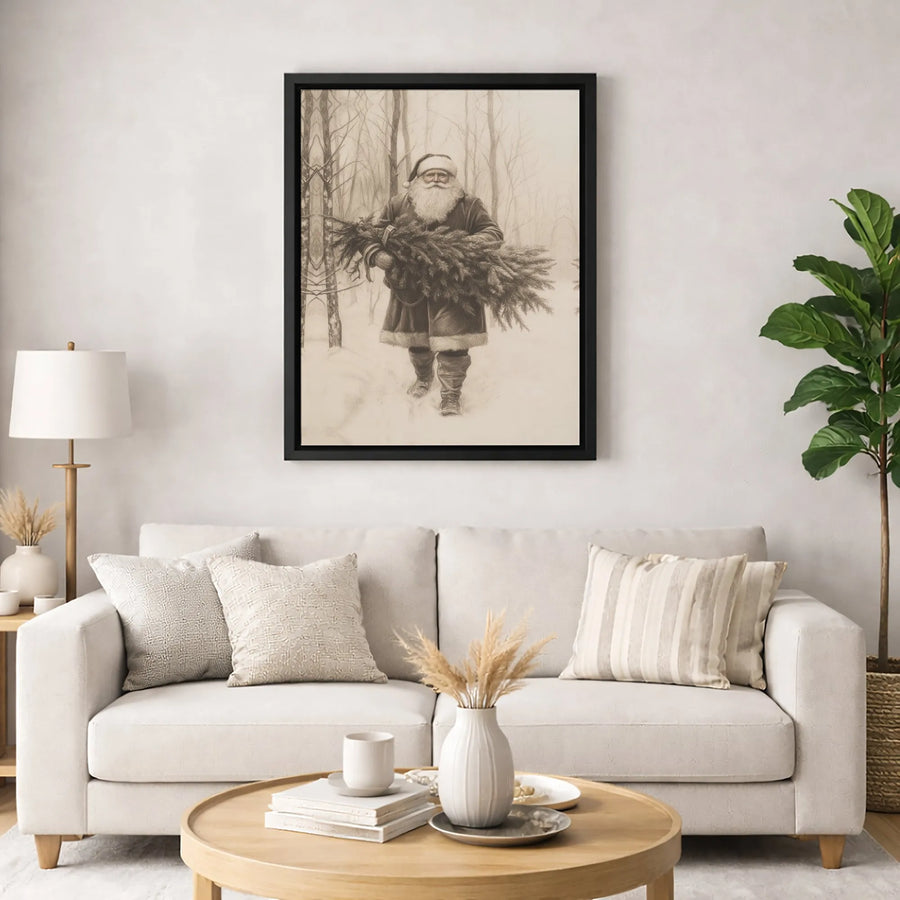 Vintage Santa Claus Wall Art | Sketch Style Carrying Christmas Tree | Premium 1.25-Inch Canvas Print | Rustic Holiday Home Decor Gift