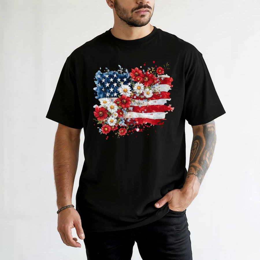 Floral American Flag T-Shirt | Watercolor Flower USA Patriotic Graphic | 100% Cotton Premium Tee | Fourth of July Gift for Women