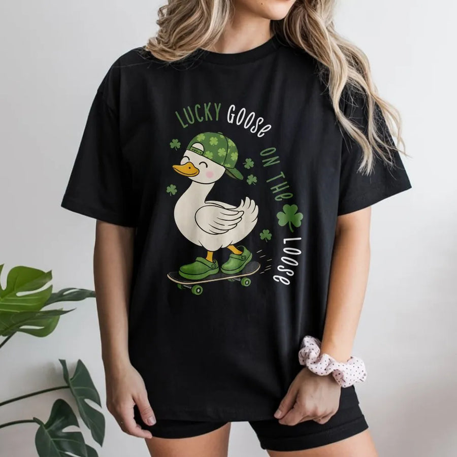 Lucky Goose St. Patrick's Day T-Shirt | Funny Skater Goose Graphic | Premium 100% Cotton | Cute Irish Gift for Kids and Adults
