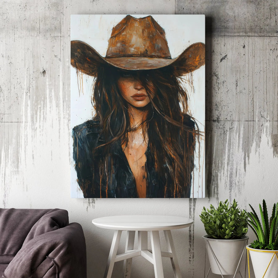 Cowgirl Canvas Wall Art | Mysterious Western Woman Portrait | Premium Gallery-Wrapped Print | Rustic Home Decor Gift