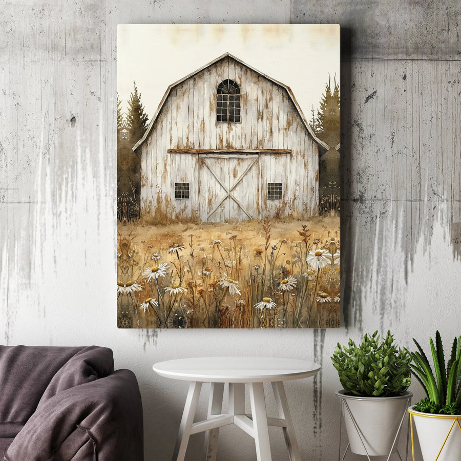 Rustic White Barn Canvas Print | Watercolor Wildflower Field Wall Art | Premium Gallery Wrap Decor | Farmhouse Living Room Wall Decor