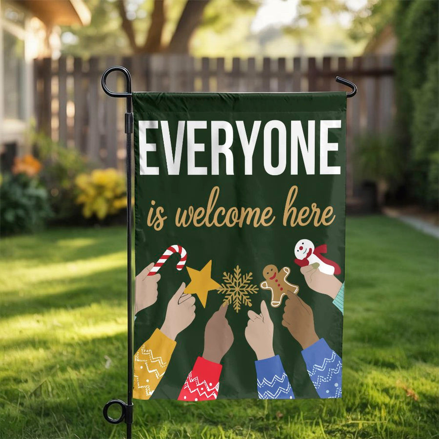 Everyone Is Welcome Here Garden Flag | Inclusive Diversity Christmas Decor | Premium Weather-Resistant Polyester | Holiday Yard Ornament Gift