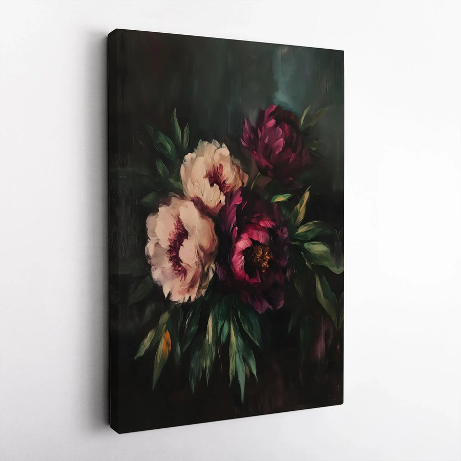 Moody Peony Floral Canvas Print | Dark Botanical Oil Painting Style | 1.25 Inch Gallery Wrap | Elegant Wall Art for Home Decor