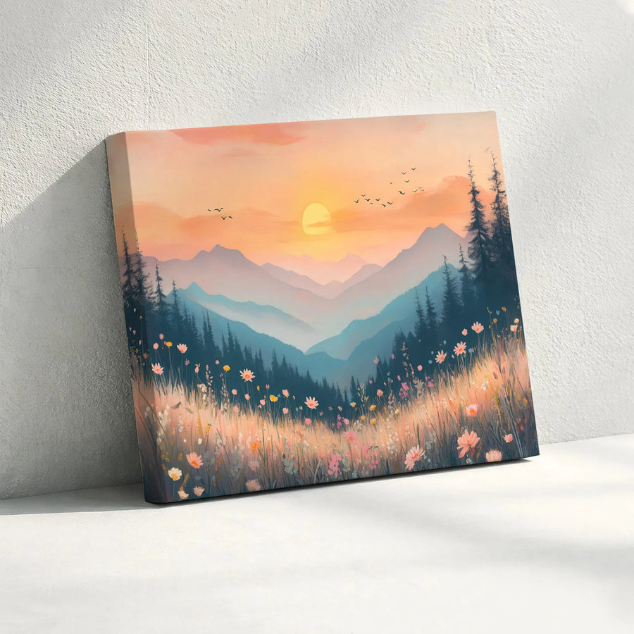 Mountain Wildflower Canvas Wall Art | Watercolor Sunrise Landscape Painting | Premium Fade-Resistant Print | Boho Home Decor Gift
