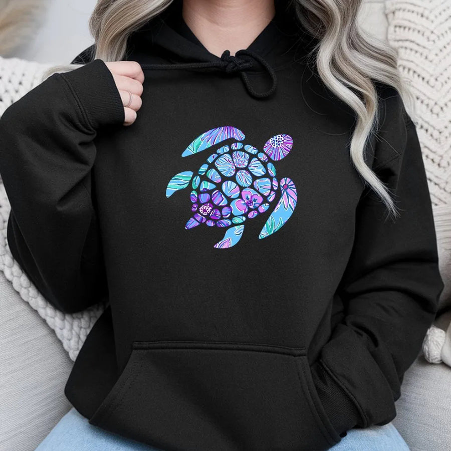 Floral Sea Turtle Hoodie | Colorful Marine Life Graphic Sweatshirt | Soft Cotton-Blend Pullover | Coastal Beach Gift for Ocean Lovers