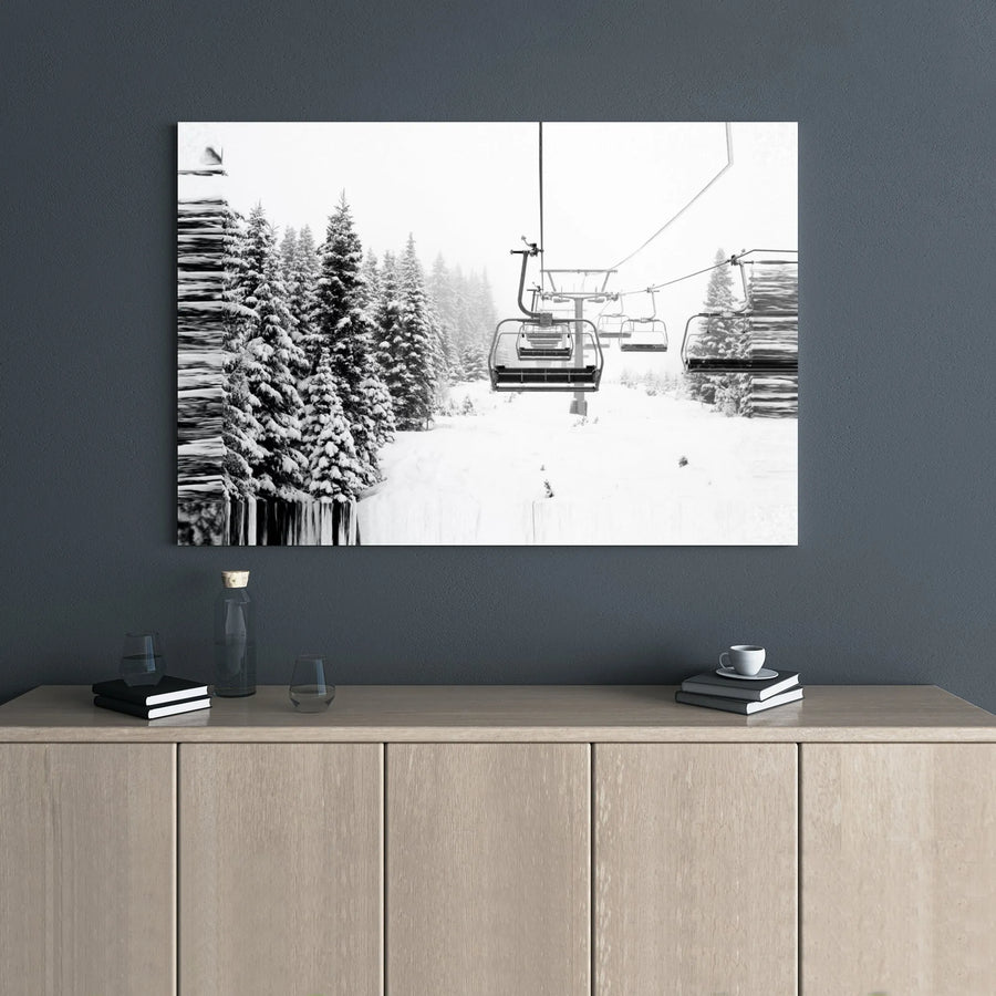 Ski Lift Canvas Wall Art | Snowy Pine Forest Glitch Print | Premium Gallery Wrap Decor | Winter Sports Gift for Home Office