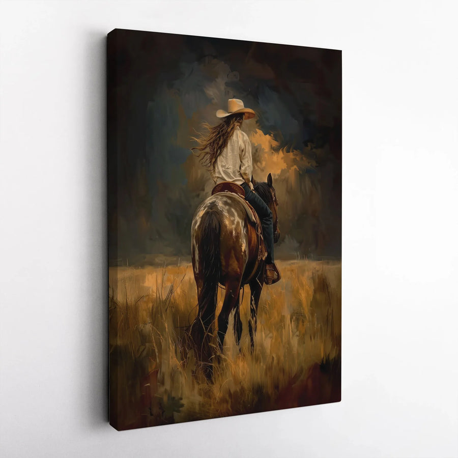 Western Cowgirl Canvas Print | Rustic Horse Riding Painting | Premium Fade-Resistant Canvas | Western Decor Gift for Her