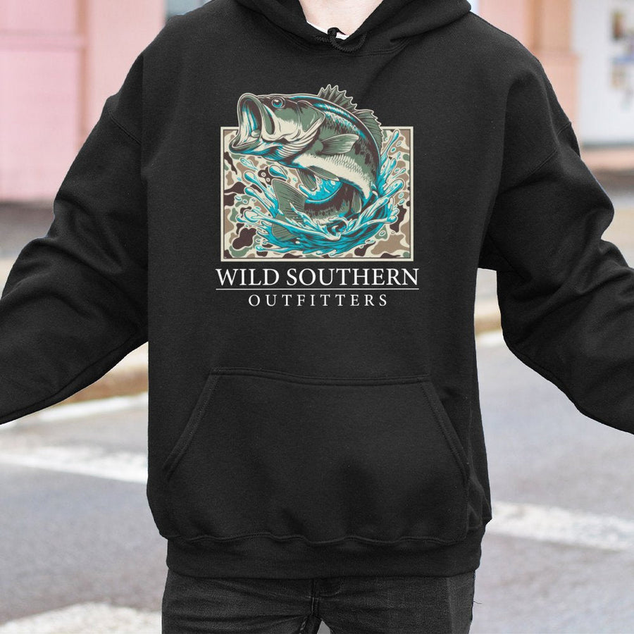 Fishing Bass Hoodie | Camo Graphic Fisherman Design | Premium Cotton Blend | Gift For Anglers Men And Women