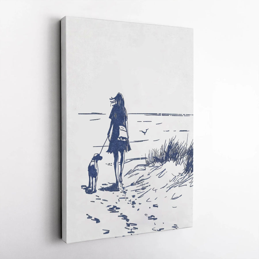 Woman Walking Dog On Beach Canvas Print | Minimalist Blue Sketch Art | 1.25 Inch Gallery Wrap | Coastal Wall Decor Gift for Dog Lovers