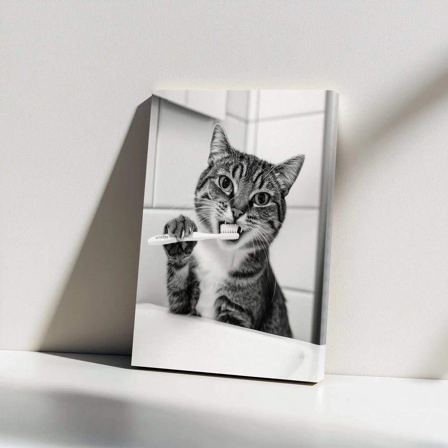 Funny Cat Brushing Teeth Canvas Print | Black and White Bathroom Wall Art | Premium Gallery Wrap Decor | Quirky Animal Gift for Pet Lovers