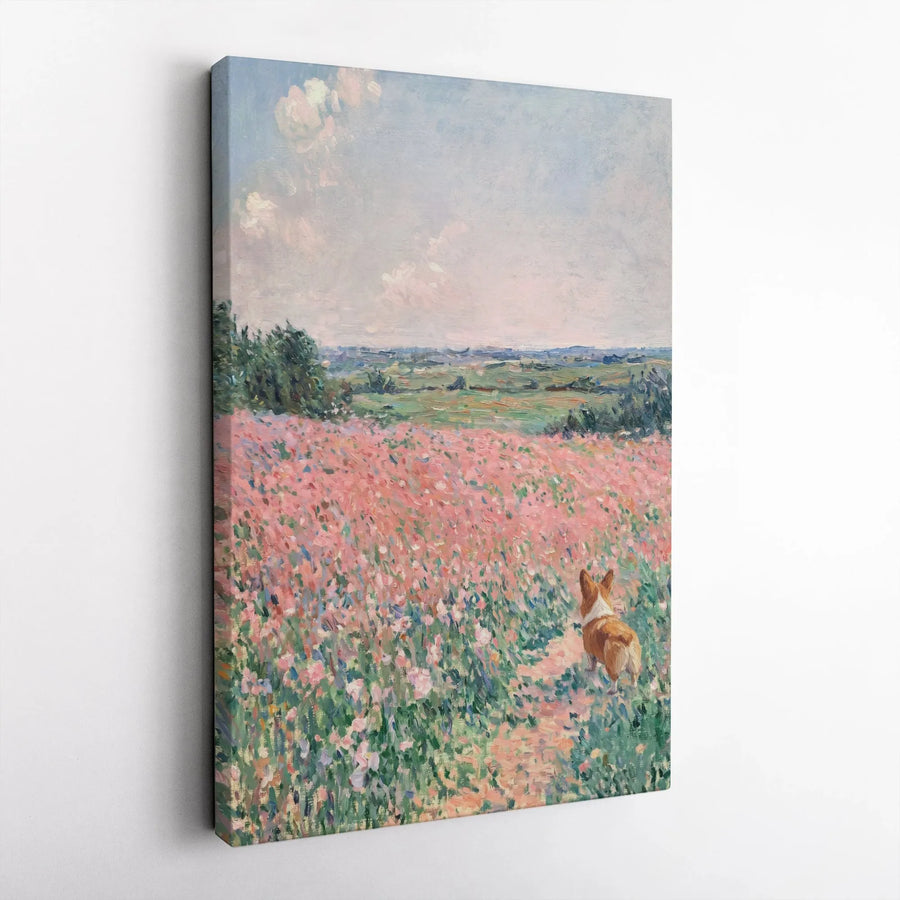 Corgi Canvas Wall Art | Impressionist Wildflower Meadow Painting | Premium Gallery Wrap Decor | Dog Lover Gift For Home Office