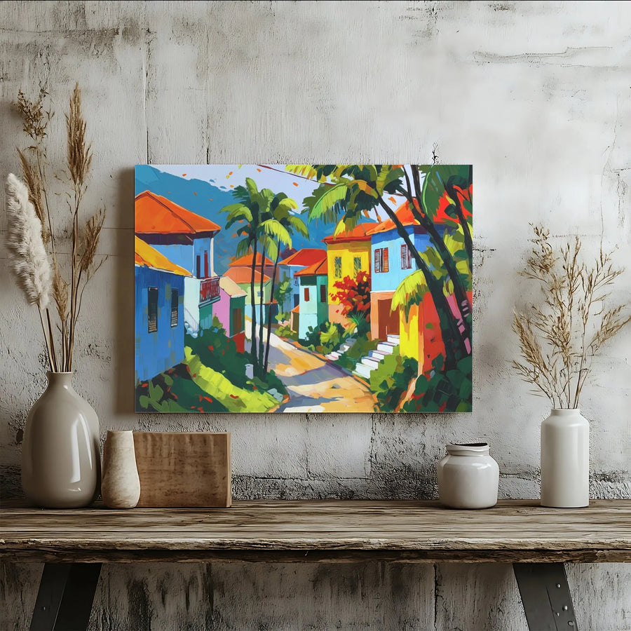 Caribbean Village Canvas Wall Art | Vibrant Tropical Town Painting | Premium Fade-Resistant Print | Modern Coastal Home Decor Gift