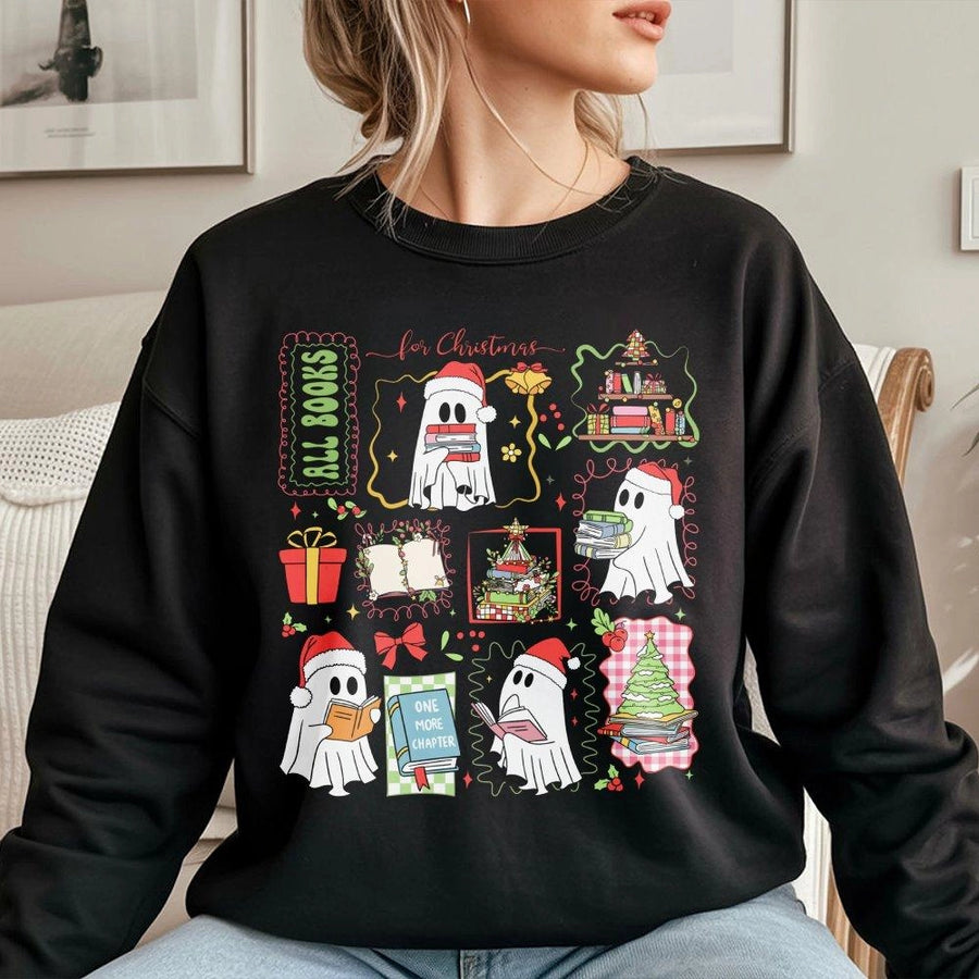 Reading Ghost Christmas Sweatshirt | Cute Book Lover Holiday Graphic | Premium Cotton Blend | Gift for Readers and Librarians